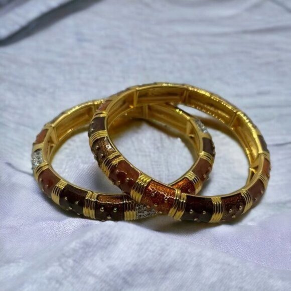 Joan Rivers Set of 2 Enamel Pave Stretch Bangles Neutrals Brown Gold‎ Tone